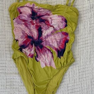 Anthropologie Olive Green One-Piece Swim Suit with Pink Floral Print
